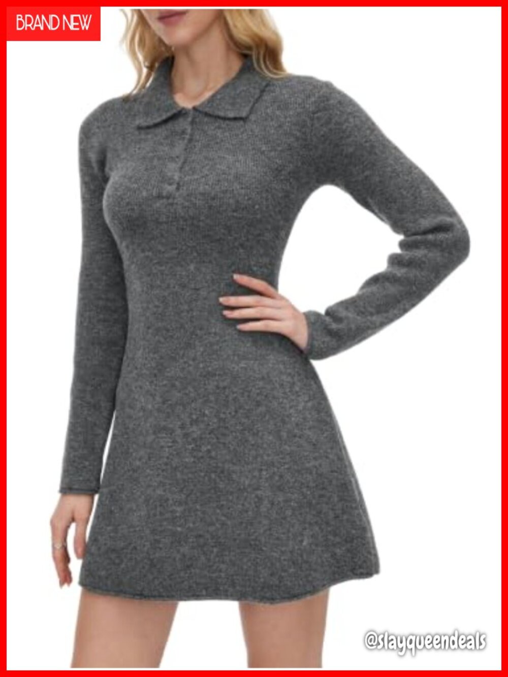 Ribbed Knit Mini Sweater Dress Polo Collar Long Sleeve Casual